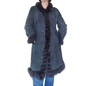 Stefania Sarte Italian Designer Black Leather Shearling Coat Women Estimated L